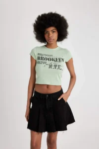 DeFacto Fitted Crew Neck Printed Ribbed Camisole Short Sleeve T-Shirt