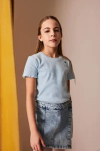 DeFacto Slim Fit Narrow Cut Crew Neck Embroidered Ribbed Camisole Short Sleeve T-Shirt Girl Child - Image 3