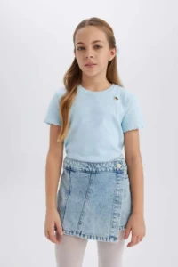 DeFacto Slim Fit Narrow Cut Crew Neck Embroidered Ribbed Camisole Short Sleeve T-Shirt Girl Child - Image 5