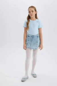 DeFacto Slim Fit Narrow Cut Crew Neck Embroidered Ribbed Camisole Short Sleeve T-Shirt Girl Child - Image 6