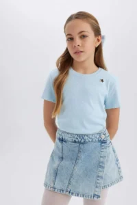 DeFacto Slim Fit Narrow Cut Crew Neck Embroidered Ribbed Camisole Short Sleeve T-Shirt Girl Child - Image 7