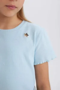 DeFacto Slim Fit Narrow Cut Crew Neck Embroidered Ribbed Camisole Short Sleeve T-Shirt Girl Child - Image 8
