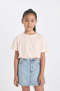 DeFacto Crew Neck Striped Short Sleeve T-Shirt Girl - Image 3
