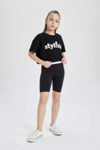 DeFacto Crew Neck Printed Crop Short Sleeve T-Shirt Girl - Image 2