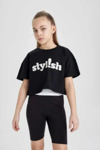 DeFacto Crew Neck Printed Crop Short Sleeve T-Shirt Girl - Image 3