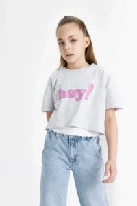DeFacto Crew Neck Printed Crop Short Sleeve T-Shirt Girl
