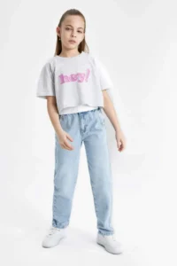 DeFacto Crew Neck Printed Crop Short Sleeve T-Shirt Girl - Image 2