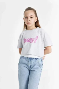 DeFacto Crew Neck Printed Crop Short Sleeve T-Shirt Girl - Image 3