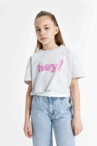 DeFacto Crew Neck Printed Crop Short Sleeve T-Shirt Girl - Image 4