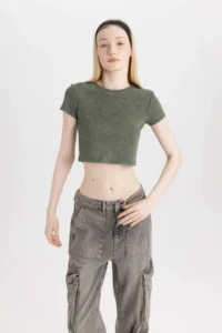 DeFacto Cool Fitted Washed Faded Effect Basic Plain Short Sleeve T-Shirt