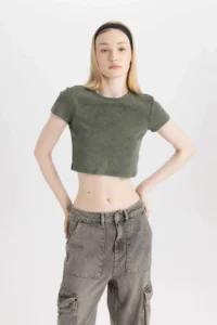 DeFacto Cool Fitted Washed Faded Effect Basic Plain Short Sleeve T-Shirt - Image 3