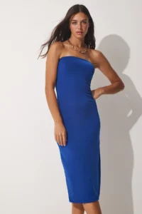Happiness İstanbul Women Dark Blue Strapless Sandy Knitting Dress
