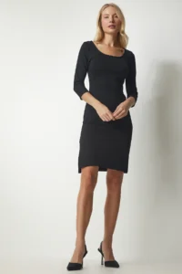 Happiness İstanbul Women Black U-Neck slit Weaving Dress