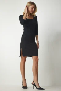 Happiness İstanbul Women Black U-Neck slit Weaving Dress - Image 2