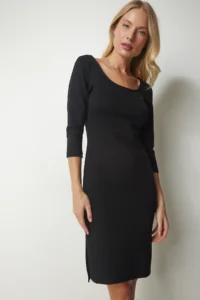 Happiness İstanbul Women Black U-Neck slit Weaving Dress - Image 4