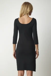 Happiness İstanbul Women Black U-Neck slit Weaving Dress - Image 7