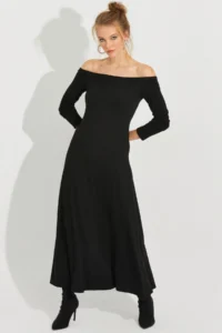 Cool & Sexy Women Black Madonna Collar Midi Dress - Image 2