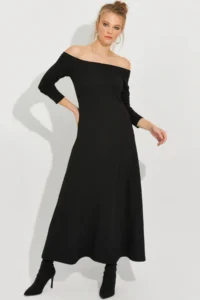 Cool & Sexy Women Black Madonna Collar Midi Dress - Image 3