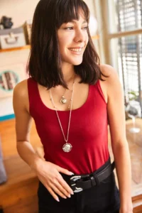 Olalook Women's Claret Red Square Collar Chest Insert Basic Athlete Blouse - Image 2