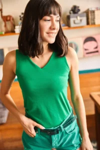 Olalook Women's Grass Green V-Neck Basic Athlete Blouse with Chest Insert - Image 2