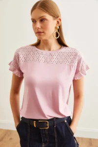Olalook Women's Dusty Rose Scallop Sleeve Flounced T-Shirt