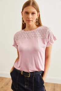 Olalook Women's Dusty Rose Scallop Sleeve Flounced T-Shirt - Image 3