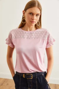 Olalook Women's Dusty Rose Scallop Sleeve Flounced T-Shirt - Image 4