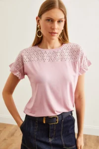 Olalook Women's Dusty Rose Scallop Sleeve Flounced T-Shirt - Image 5