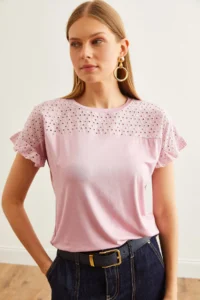 Olalook Women's Dusty Rose Scallop Sleeve Flounced T-Shirt - Image 6