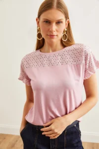 Olalook Women's Dusty Rose Scallop Sleeve Flounced T-Shirt - Image 7