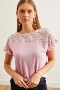 Olalook Women's Dusty Rose Scallop Sleeve Flounced T-Shirt - Image 8