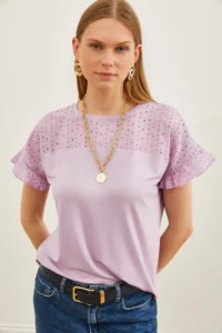 Olalook Women's Lilac Top Scallop Sleeve Flounced T-Shirt