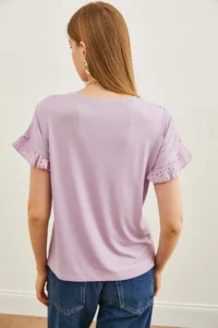 Olalook Women's Lilac Top Scallop Sleeve Flounced T-Shirt - Image 2