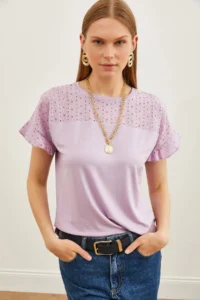 Olalook Women's Lilac Top Scallop Sleeve Flounced T-Shirt - Image 3