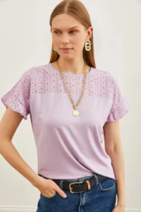 Olalook Women's Lilac Top Scallop Sleeve Flounced T-Shirt - Image 4