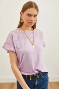 Olalook Women's Lilac Top Scallop Sleeve Flounced T-Shirt - Image 5