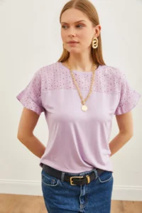 Olalook Women's Lilac Top Scallop Sleeve Flounced T-Shirt - Image 6