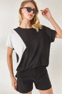 Olalook Women's Black Color Blocked Bat Knitted Viscose Blouse - Image 2