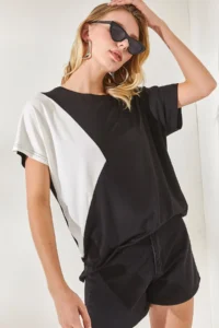 Olalook Women's Black Color Blocked Bat Knitted Viscose Blouse - Image 3