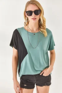 Olalook Women's Mint Green Color Blocked Bat Knitted Viscose Blouse