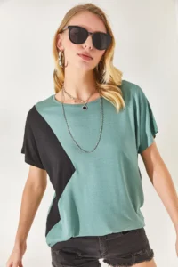 Olalook Women's Mint Green Color Blocked Bat Knitted Viscose Blouse - Image 2