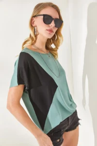Olalook Women's Mint Green Color Blocked Bat Knitted Viscose Blouse - Image 3