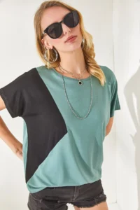 Olalook Women's Mint Green Color Blocked Bat Knitted Viscose Blouse - Image 4