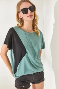 Olalook Women's Mint Green Color Blocked Bat Knitted Viscose Blouse - Image 5