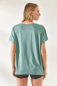 Olalook Women's Mint Green Color Blocked Bat Knitted Viscose Blouse - Image 6