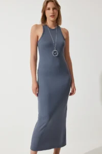 Happiness İstanbul Women's Smoked Halter Neck Summer Steel Knitted Long Dress