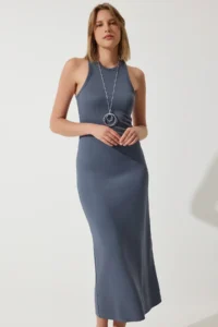Happiness İstanbul Women's Smoked Halter Neck Summer Steel Knitted Long Dress - Image 3