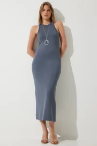Happiness İstanbul Women's Smoked Halter Neck Summer Steel Knitted Long Dress - Image 4