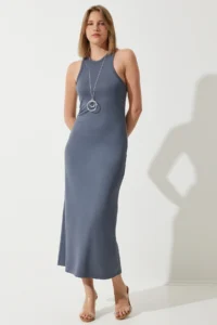 Happiness İstanbul Women's Smoked Halter Neck Summer Steel Knitted Long Dress - Image 5