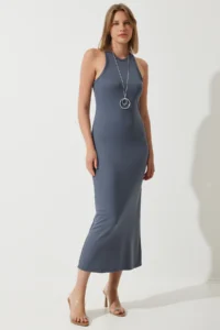 Happiness İstanbul Women's Smoked Halter Neck Summer Steel Knitted Long Dress - Image 6